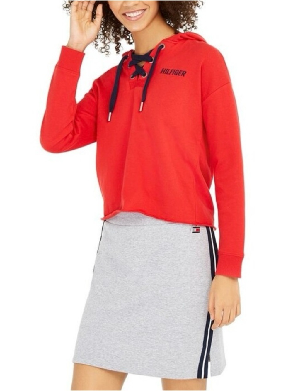 Tommy Hilfiger Sport Women's Lace-Up Pullover Hoodie Red Navy Blue Medium Preppy